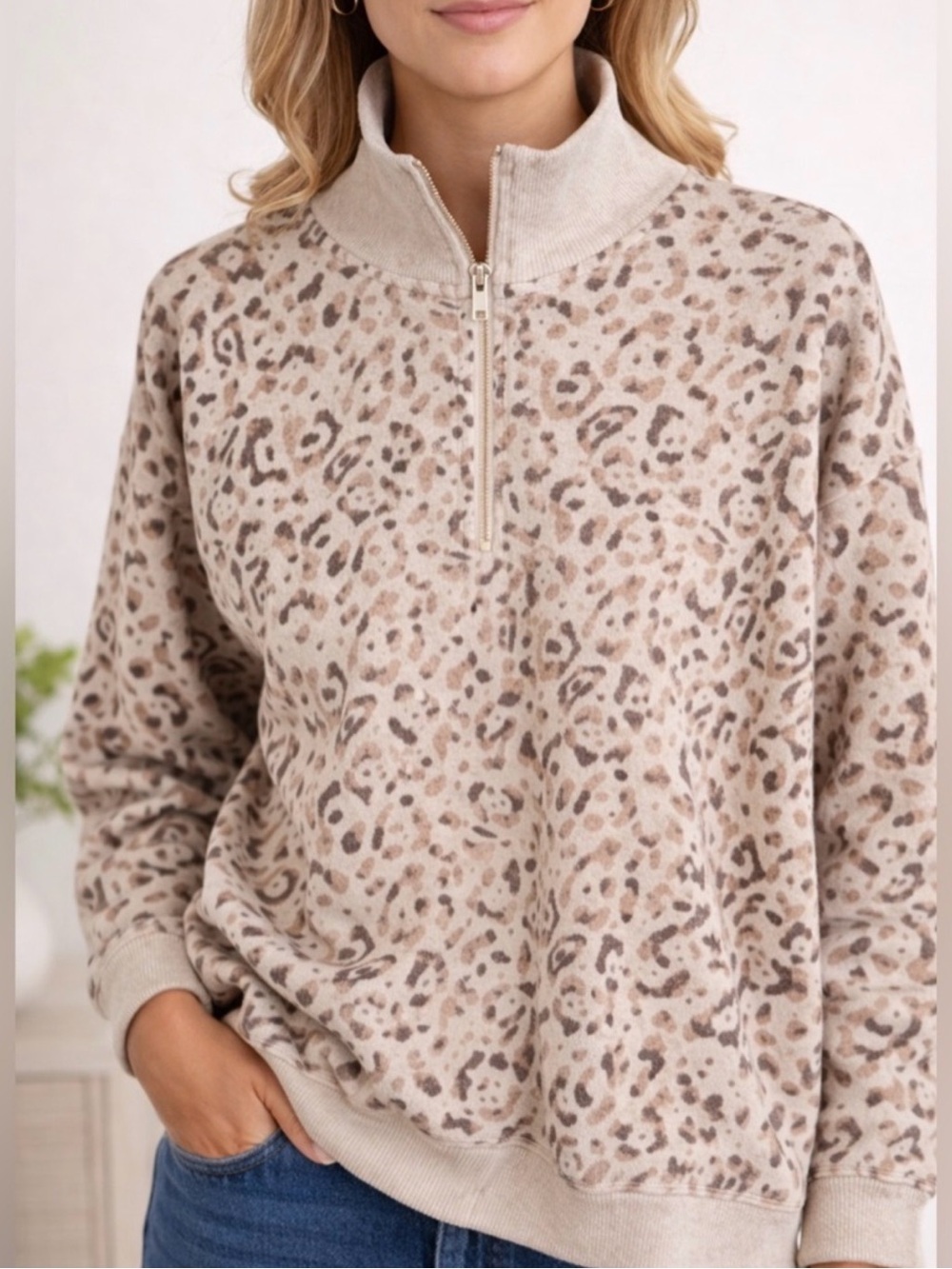 Aerie Leopard Print Cozy Oversized Quarter-Zip Pullover in Beige